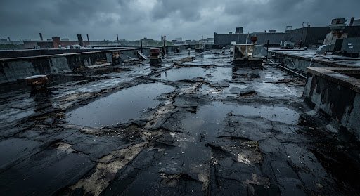 Damaged leaking commercial flat roof before restoration