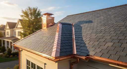 Restored residential roof with slate-grey shingles after