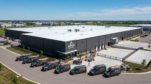 Commercial warehouse with white reflective roofing system