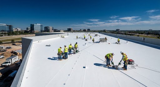Commercial flat roof TPO membrane installation