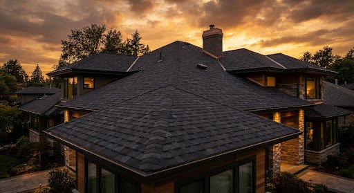 Newly finished premium residential roof at sunset