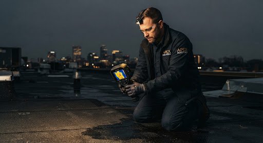 Technician using a thermal imaging camera on a roof